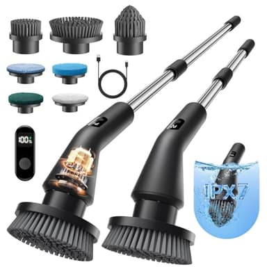 Leebein Brosse Électrique Nettoyage, 2025 Brosse Rotative Améliorée Étanche IPX7 avec 7 Têtes de Brosse, Manche Extensible et 2 Vitesses pour Salle de Bain, Sol, Cuisine et Voiture