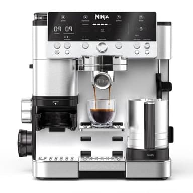 Ninja Machine à café Luxe Premier 3-en-1, Latte, Cappuccino, Infusion à froid et Espresso avec broyeur à grains et mousseur à lait intégrés, facile à utiliser, 4 préréglages mousse, argent, ES601EU