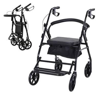 HOMCOM Déambulateur 4 roues - déambulateur pliable léger - assise + dossier rembourré - poignées ergonomiques, freins à main - panier rangement - cale-pied - métal noir