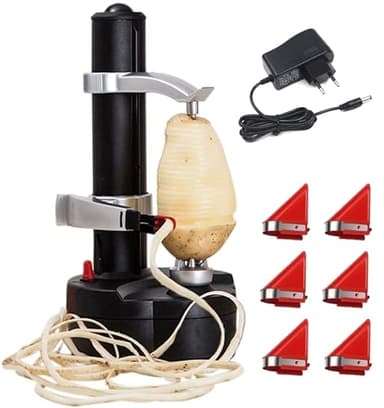 Éplucheur de Pommes de Terre Électrique, Éplucheur de Fruits et Légumes Automatique avec 6 Lames de Rechange, Adaptateur 6V Inclus