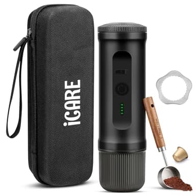 ICARE Machine à Café Portable, Cafetière Portable 2 en 1 pour Capsules NS et Café Moulu, Auto-Chauffante, Recharge USB-C, Indicateur de Batterie, pour Camping, Randonnée, Voyages, Camping-cars (Noir)