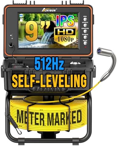 Anysun Caméra d’Inspection Canalisation 1080P, Caméra Auto-Nivelante 23 mm IP68 avec Transmetteur 512Hz, Écran IPS 9", DVR, 50M Câble à Marquage Métrique, Batterie 5100mAh, Pour Égouts, Drains, Tuyaux