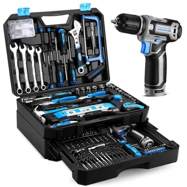 DEKO 238 Pièces Caisse à Outil avec Visseuse Dévisseuse Sans Fil 12V - Caisse à Outil Complète Professionnelle avec Perceuse, Tournevis, Clés et Accessoires pour Bricolage - Bleu