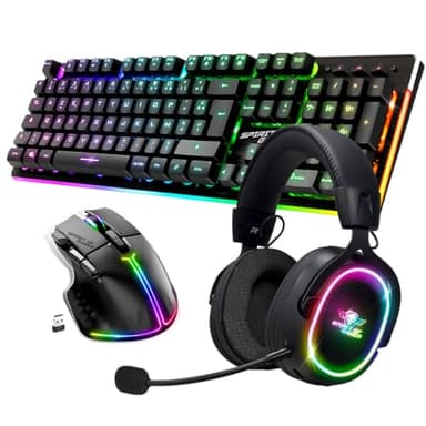 Spirit of Gamer, Pack Clavier Souris + Casque sans Fil RGB, Compatible PS5/PS4 et PC, Clavier Semi-mecanique AZERTY FR Rétroéclairé, Casque Gaming sans Fil Bluetooth avec Micro Détachable