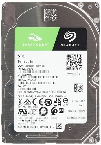 Seagate BarraCuda, 5 To, Disque dur interne HDD – 2,5" SATA 6 Gbit/s 5 400 tr/min, 128 Mo de mémoire cache, pour PC portable (ST5000LM000)
