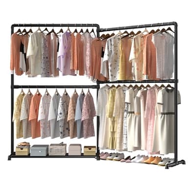 LOEFME Portant à Vêtements Lourd avec Bras Latéraux Pliables à 360°, Porte-Vêtements Métallique Autoportant avec Étagère Inférieure pour Chambre ou Magasin, Capacité de Charge 150 kg (noir)