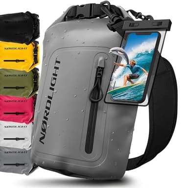 Nordlight Dry Bag Sac Étanche avec Pochette Étanche Téléphone, Fermeture Roll-Top, Bandoulière | Sac à Dos étanche Nautique, Sac Impermeable Etanche | Natation Plage Sup Bateau - Gris (Opaque), 10 L