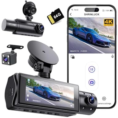 SHRINLUCK X5 4K WiFi Dashcam Voiture Avant Arrière Intérieur, Carte SD 64G, 2160P+1080P+1080P FHD 3 Canaux Dash Cam,Camera Voiture Triple 360° Tous Côtés,G-Capteur,WDR,Vision Nocturne,24H Mode Parking
