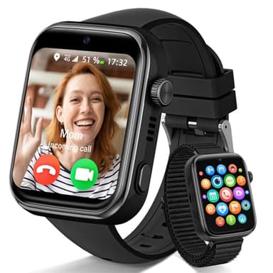4G Montre Connectée Enfants, Montre Telephone Enfant avec Appels, Appels Vidéo, Chat Vocal, WhatsApp, Wi-Fi, GPS, SOS, Mode École, Podomètre Réveil Étanche IP68 Smartwatch pour Filles et Garçons Noir