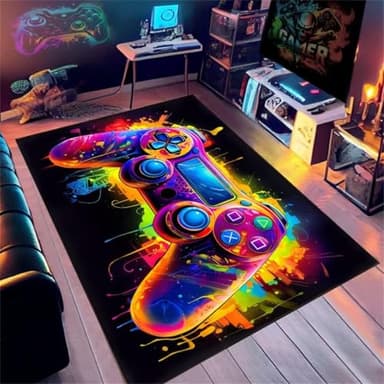 Tapis Chambre Ado Gamer 3D, Tapis Sol Gaming Deco Chambre Garcon Enfant,Tapis De Salon Moderne Antidérapant, Tapis Gaming Néon Graffiti Manette De Jeu, Flanelle Doux Carpets (Graffiti,80x120cm)