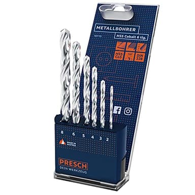 Presch Jeu de 6 Forets à Métaux HSS Cobalt - Forets Acier Inox - Mèches HSS pour Métal, Acier, Fonte, Fer etc. - Forets Inox Pro HSS CO Professionnels - Ø 2-8mm
