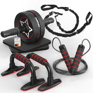 FUNFLEX Ensemble Fitness 6 Pièces - Roue AB, Barres Push-up, Élastiques, Corde à Sauter, Planche de Traction - Appareil Musculation Maison