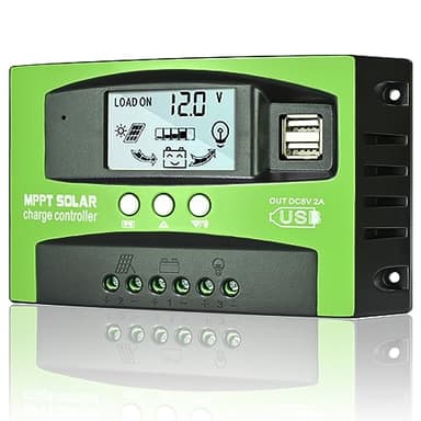 Depvko Contrôleur de charge solaire MPPT 30A, régulateur de batterie panneau solaire à suivi automatique 12V/24V, LCD écran, 2-port USB, minuterie, pour batteries Plomb et au lithium (vert)