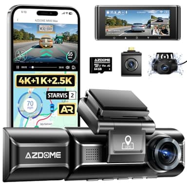 AZDOME 4K Dashcam Voiture, 4K+1080P+2.5K Triple Camera Avant Arrière Intérieur, WiFi GPS, 3,19" Dashcam avec Carte SD 64G, Vision Nocturne, WDR, G-Capteur, Mode Stationnement, Enregistrement en Boucle