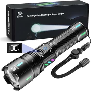 Jayxinli Lampe Torche LED Ultra Puissante 1000000 Lumens - Rechargeable avec Batterie 5000mAh Affichage LCD De La Puissance, 5 Modes, Zoomable, IP67 Étanche pour Camping, Ventures en Plein Air