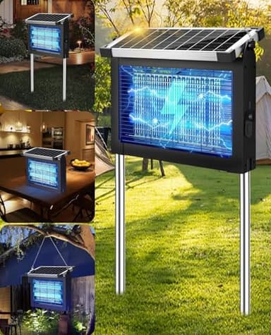 Dnenellr Lampe Anti Moustique, Anti Mouche Électrique Extérieur Solaire 4500V avec Capteur de Luminosité, Lampe Moustique Étanche avec Câble d’Extension 3M, Idéal pour Terrasse, Jardin (Noir)