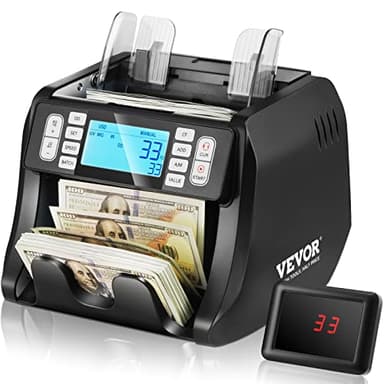 VEVOR Compteuse de Billets USD et EUR, Détecteur de Faux Billets Contrefaçon UV, MG, IR et DD, Machine à Compter Les Billets avec Modes d'Ajout et de Lot, Grand Écran LCD et Écran Externe, pour Banque