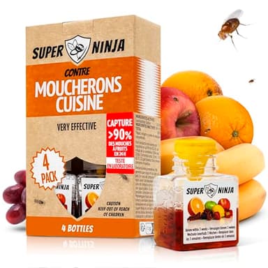 Super Ninja Pièges Anti Moucherons d'Intérieur Cuisine – Lot de 4 Attrape Moucheron Intérieur pour Maison, 3 Semaines d’Action, Sûr pour Enfants et Animaux, Non Adapté aux Moucherons de Terreau