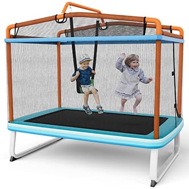 GOPLUS 1,80m Trampoline Extérieur pour Enfants avec Balançoire & Barre Horizontale, Trampoline Rectangulaire en Métal avec Filet de Sécurité, Fermeture Éclair en Forme de L pour 3 Ans+