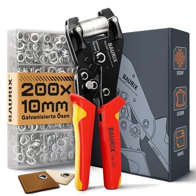 BAURIX® Pince à Oeillets avec 200 œillets (Ø10 mm) – Auto-perforante sans Pré-trou – pour Bâches, Tissus, Cuir & Textiles – pour Couturières, Bricoleurs & Artisans - TALOS