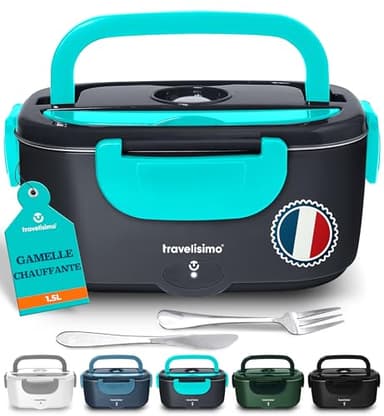 TRAVELISIMO Gamelle Chauffante 100W Lunch Box Chauffante 1,5L Chauffe Plat Electrique 3 en 1 220V 24V 12V, Marmite Electrique, Acier Inoxydable, Chauffe plat Voiture pour Voyage et Bureau
