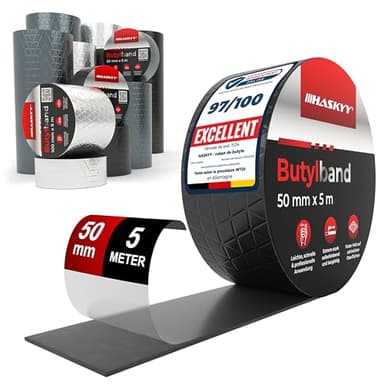 HASKYY Ruban d'étanchéité en butyle 50mm x 5m Adhésif Bande en Étanche en caoutchouc butyle en aluminium - Imperméables de Réparation - résistant au vieillissement, à la corrosion et aux UV - Noir