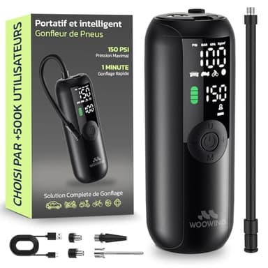 Woowind Gonfleur Pneus Voiture, Pompe A Velo, Gonflage en 1 Minute, 150PSI/10,3BAR Compresseur à Air Portatif pour Voitures, Vélos, Motos et Ballons avec Arrêt Automatique, Ecran LCD et Lampe LED