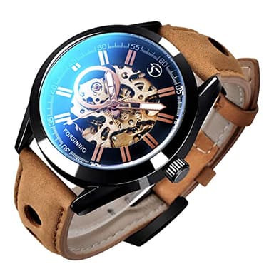 Gute Montre Automatique pour Homme, Montre-Bracelet Mécanique Automatique avec Rouages Apparents, Cadran Analogique, Sport Décontracté, Bracelet en Cuir Marron