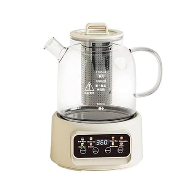 Théière Électrique Multifonction 1200ml, 8 Modes de Préparation, Base Chauffante avec Écran Digital, Carafe en Verre, Blanc