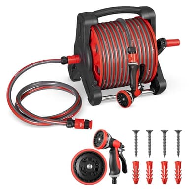 Juskys enrouleur de tuyau avec 30 m + 2 m de tuyau et pommeau multifonction - enrouleur de tuyau mobile avec support mural, buse — rouge gris