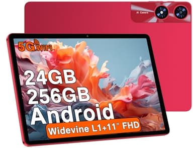 Tablette Android 11 pouces avec 24 Go RAM+256 Go ROM(TF/2 To), Octa-Core 2,0 GHz, WiFi 5G, Bluetooth 5.0, Widevine L1, 1280 * 800 FHD IPS, 8000 mAh, 5 MP+13MP, GMS, nouvelle tablette avec étui, rouge