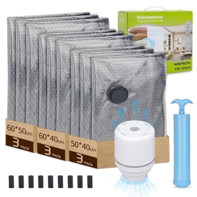 Sac Sous Vide Vetement Aspirateur avec Pompe Électrique, 9 Pièces (3x 40x50cm, 3x 40x60cm, 3x 40x60cm) Sac de Rangement Sous Vide Réutilisables pour Compression Pulls, Chemises, Voyages