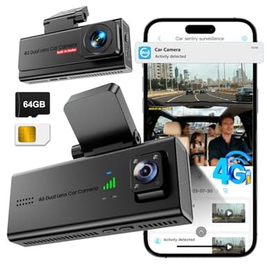 Dashcam Voiture, Veralyxa 4G Dashcam Voiture Avant Arriere avec Carte SIM, 24/7 Camera Voiture sans WiFi, Live-App, Audio Bidirectionnel, Détection Mouvement/Collision, Vision 170°, Carte 64G Incluse