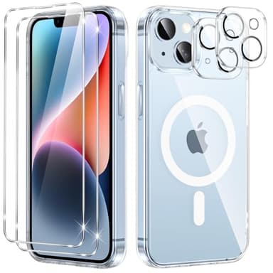 Phoona Coque Magnétique pour iPhone 14 avec 2 Verres Trempés et 2 Caméra Protecteur, Compatible avec MagSafe, Housse Étui Antichoc TPU Bumper Anti Rayures Dos PC Protection Case Transparent