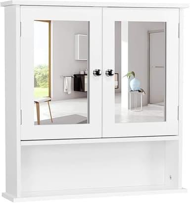 Yaheetech Armoire Murale de Salle de Bain Placard de Rangement Toilettes 3 Niveaux, Étagères à Hauteur Réglable, 2 Portes et Miroirs, 56 × 13 × 58 cm Blanc
