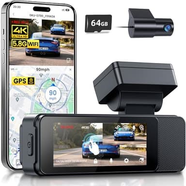GKU Dashcam Voiture Avant Arrière,Écran Tactile 3.18",4K+1080P Camera Voiture avec Carte SD 64 Go,5.8GHz WiFi GPS,Camera Embarquée Voiture avec 24H Mode Stationnement,G-Capteur,Vision Nocturne,WDR