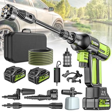 highsam Pressure Washer Nettoyeur Haute Pression sans Fil 4 Vitesses Max. 120 Bar avec 2 Batteries 4,0 Ah, buse rotative 6 en 1 et 180 °,Tuyau De 5 M,Nettoyage Arrosage