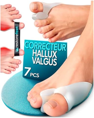 RestoreFeet Orthèse Hallux Valgus Pied Nu Femme Homme – 3 Paires Séparateurs + Bande Correctrice – Silicone Médical Sans BPA – 7 Pièces – Utilisation de Jour et de Nuit