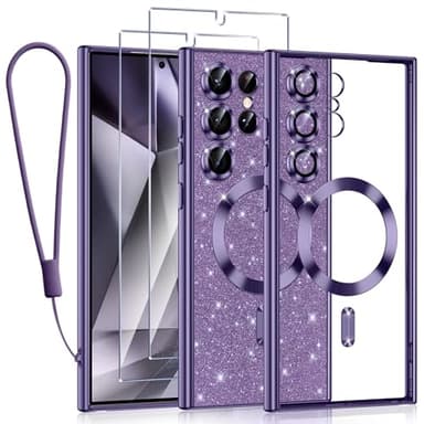 Tikfrlo Glitter Magnétique Coque pour Samsung Galaxy S24 Ultra 5G avec Cordon, Compatible avec MagSafe Brillant Paillette Housse Étui Transparent Protection Case avec 2 Verre Trempé pour Femme Violet