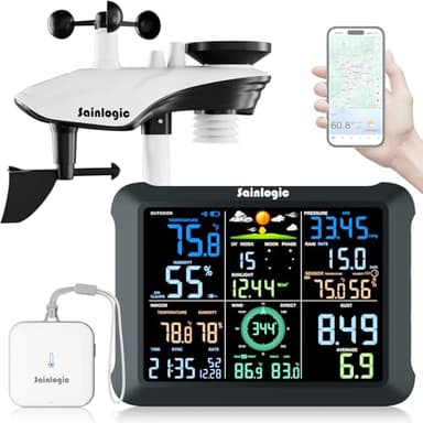 Sainlogic Station Météo Intelligente WLAN, Capteur Intérieur/Extérieur Sans Fil, Prévisions Météo 24/7 par IA Weatherseed®, avec UV, Alertes et Export de Données sur 2 Ans (Uniquement 2.4 GHz)