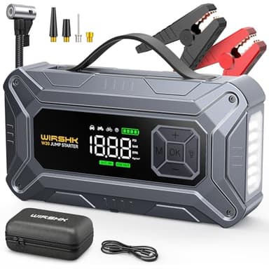 WIRSHK Booster Batterie Voiture 8000A avec Gonfleur Pneus 160PSI - Démarreur de Batterie - Compresseur Voiture - pour Moteurs Essence & Diesel jusqu'à 10L - Affichage LCD & LED de Secours