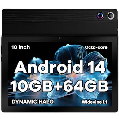 Tablette 10 Pouces Android 14 Tablettes Octa-Core Tablette, Widevine L1 10 Go + 64 Go + 1 to TF, WiFi 6 BT 5.3 Batterie 5000 mAh, Transmission OTG, Déverrouillage du Visage, Prise Casque Type C (Noir)