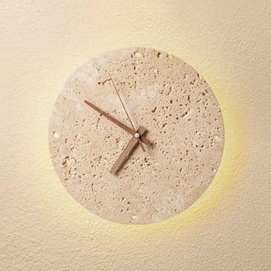MODEBHD Horloge murale ronde en pierre naturelle, horloge murale en travertin avec rétroéclairage LED - Lampe murale pour salon, chambre à coucher - Horloge silencieuse au design minimaliste moderne -
