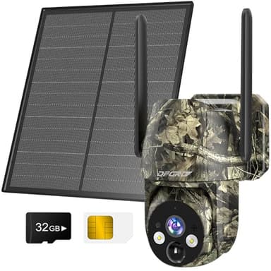 DFGRD 4G LTE Caméra Surveillance Extérieure sans Fil, 2K Cellulaire Caméra de Chasse Solaire avec Carte SIM, Batterie 10400mAh Panneau Solaire 6W, PTZ 360°, Audio Bidirectionnel, Détection PIR, IP66