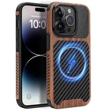 ZZDZZ Coque Magnétique pour iPhone 14 Pro Max [Compatible avec MagSafe] Étui de Cuir en Bois et Carbone Protection Antichoc Housse pour iPhone 14 Pro Max - Noir