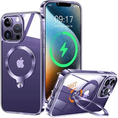 HaloArt 360° Rolatif Support Magnétique Coque pour iPhone 14 Pro Max [CD Anneau Support Stable pour Mag-Safe] [N°1 Puissance Magnétique&Antichoc Protection Militaire] Coque Durable Transparante,Violet