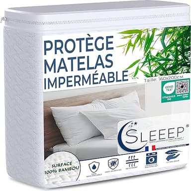 SLEEEP Protege Matelas 160x200 Fibre de Bambou Oeko-Tex, Alese 100% Imperméable, Protection Matelas Drap House Bonnet 30cm Ultra Douce Anti Acarien Punaise de lit -Qualité Hôtellerie-