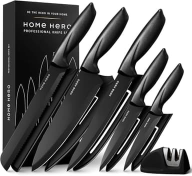 Home Hero Couteau Cuisine avec Aiguiseur Couteaux - Couteaux de Cuisine Professionnelle en Acier Inoxydable - Ensemble de Couteaux et Ustensiles de Cuisine (11 pcs avec étui - Noir)
