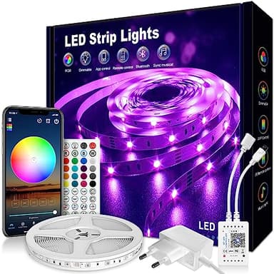 VKH Ruban LED RGB 5m, Bande LED 5050 Chambre, Contrôle App & Télécommande, 16M Couleurs, Adhésif 3M, Décoration Noël/Fête(1x5m)
