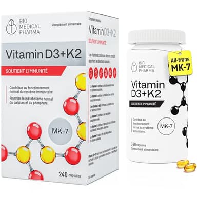 Vitamine D3 K2 5000 UI haute dose – 240 gélules softgel – K2 MK-7 All-Trans 100 µg – Avec huile de lin pour absorption – Immunité, os, muscles et dents – Sans additifs